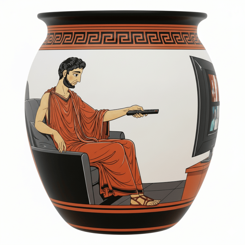 Man watching TV on urn